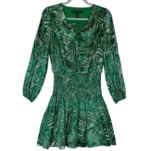 White House Black Market XS Dress Green Floral Long Sleeve Smocked Waist